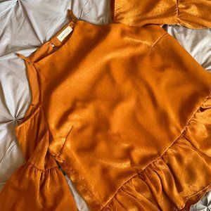 Cold Shoulder Velvet Orange Top + Flared Sleeves